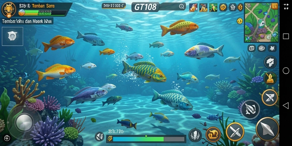 Screenshot utama GT108 menampilkan keseruan gameplay Tembak Ikan.