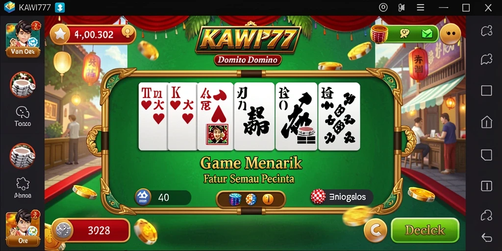 Tampilan gameplay seru KAWI777 dengan karakter domino yang menarik.